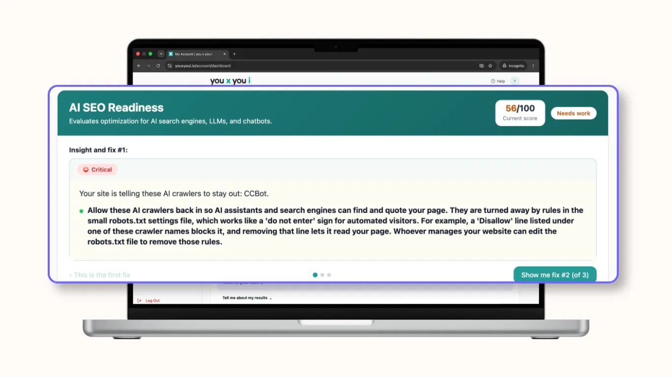 We'll check your crawler access, structure, and schema alongside your conversion fundamentals.