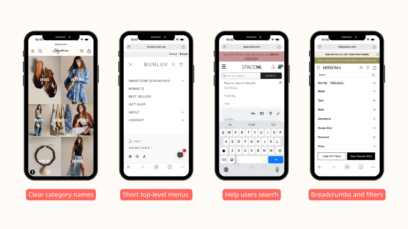 What to improve: Use clear category names, Keep top-level menus short, Add search where it helps, Make breadcrumbs and filters easy to use.