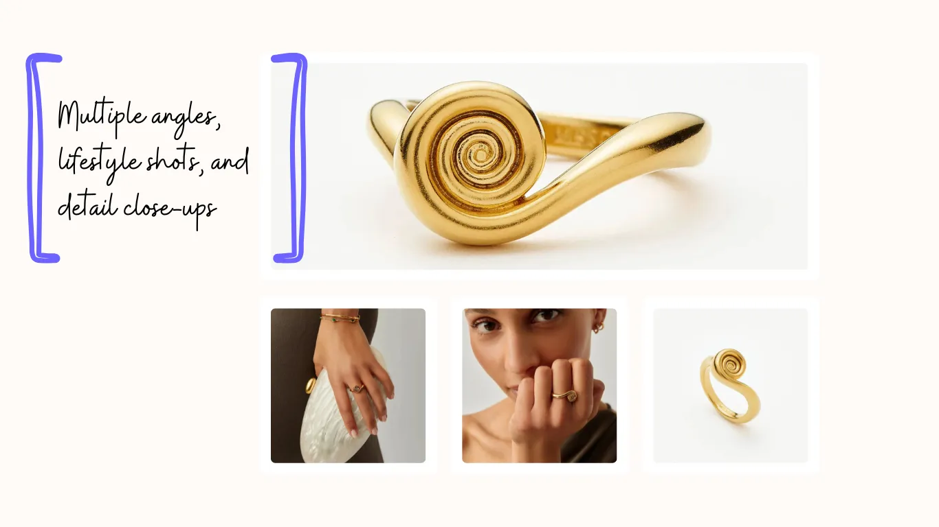 Lead with high-quality, multi-angle imagery. Show the product in natural use, on diverse people, and zoomed in on texture and material. Lead with high-quality, multi-angle imagery. Show the product in natural use, on diverse people, and zoomed in on texture and material.