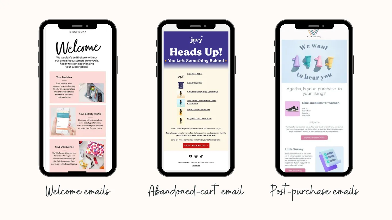 Install the three flows every store needs: Welcome, abandoned cart, and post-purchase Install the three flows every store needs: Welcome, abandoned cart, and post-purchase
