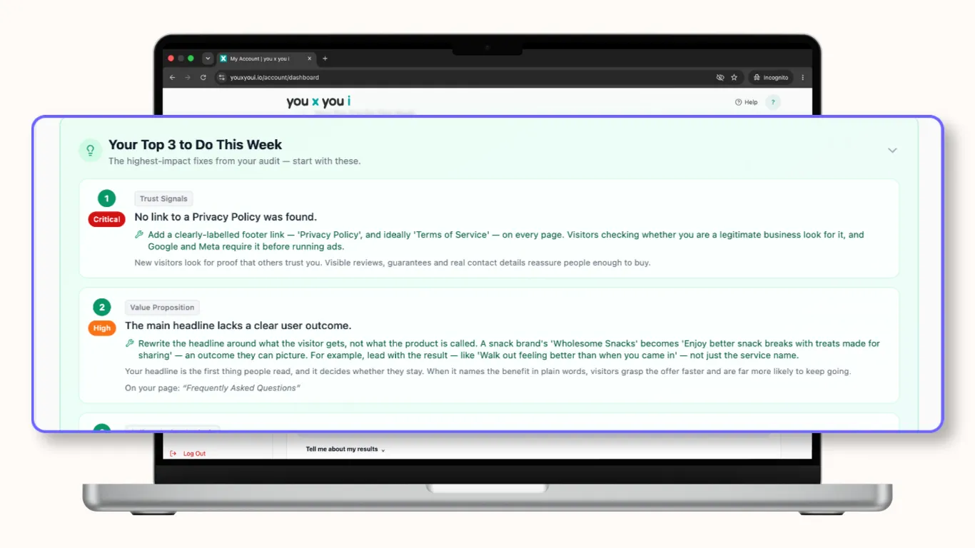 We'll flag exactly where you're losing sales and put the fixes in priority order so you tackle the highest-value one first. We'll flag exactly where you're losing sales and put the fixes in priority order so you tackle the highest-value one first.