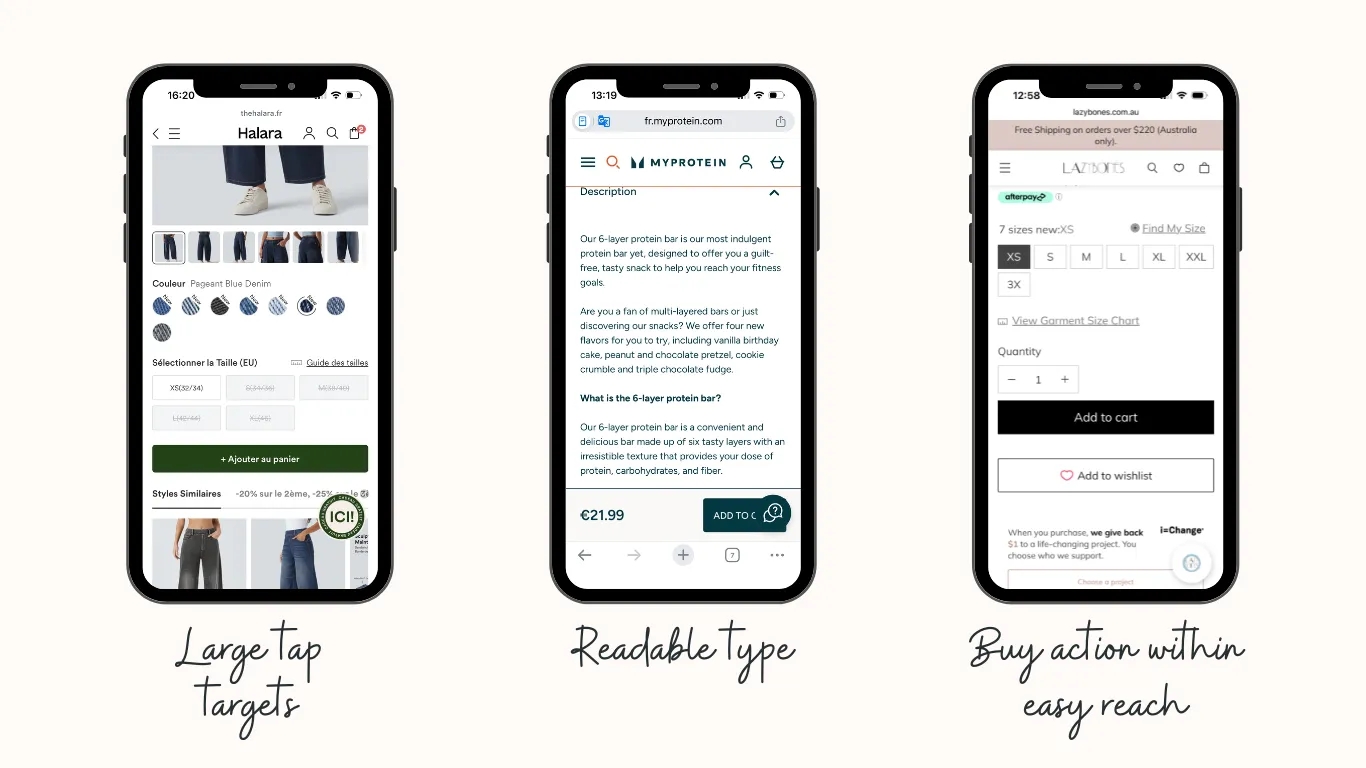 The best sites are designed for the thumb first with large tap targets, readable type without pinching, and a buy action within easy reach.